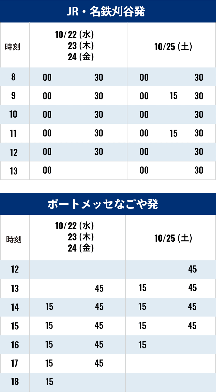 JR・名鉄刈谷駅発の時刻表とJR・ポートメッセなごや発の時刻表